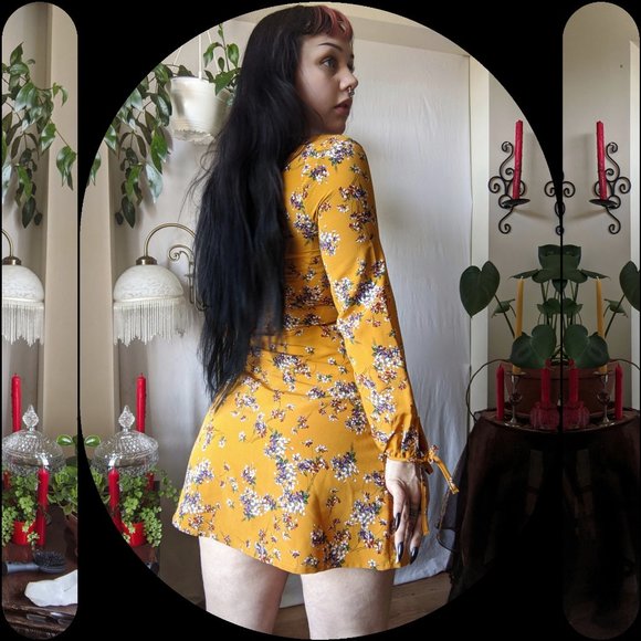 Butterscotch-yellow Floral Mini Wrap Dress - Picture 1 of 3